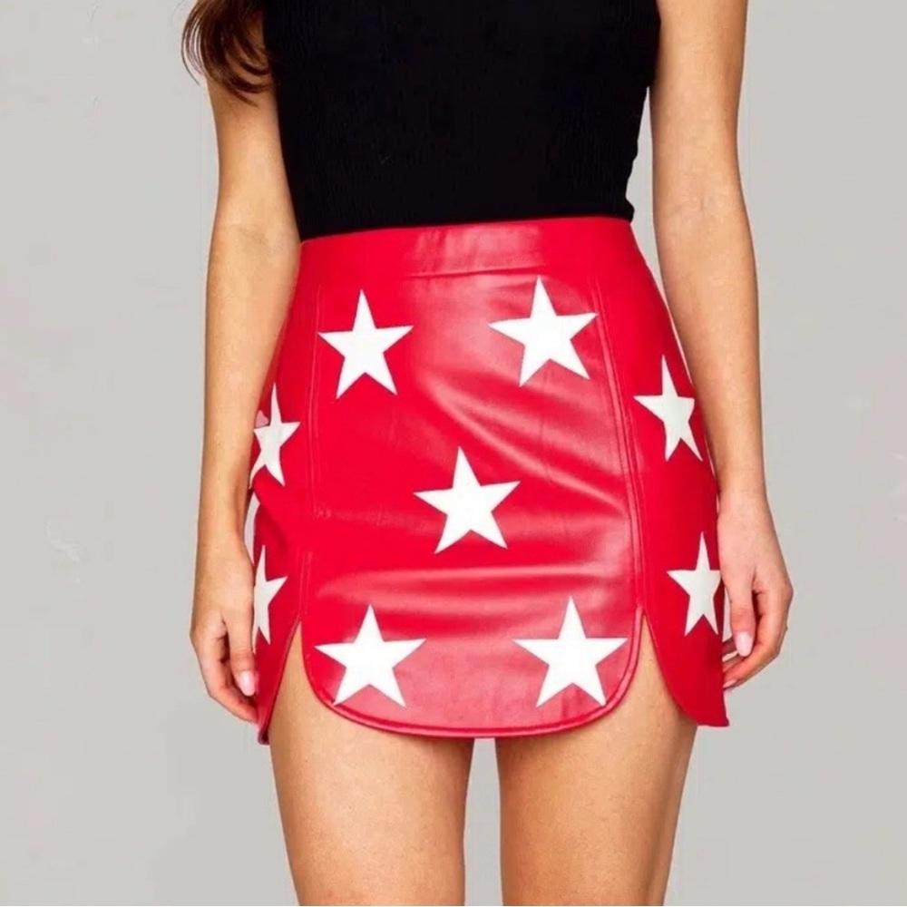 Buddy Love Faux Leather Red and White Star Mini Skirt